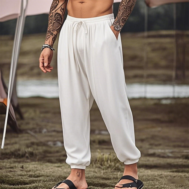 Men's fashionable and casual solid-colored cotton and linen trousers