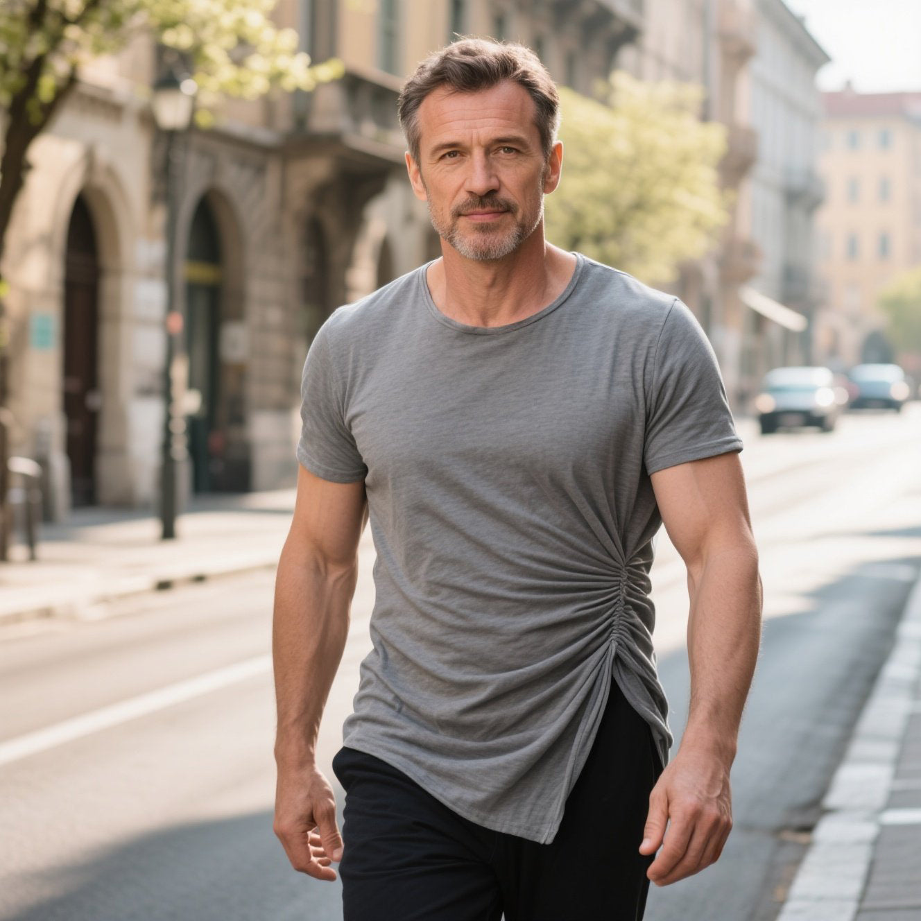 T-shirt plissé beige décontracté à la mode pour homme