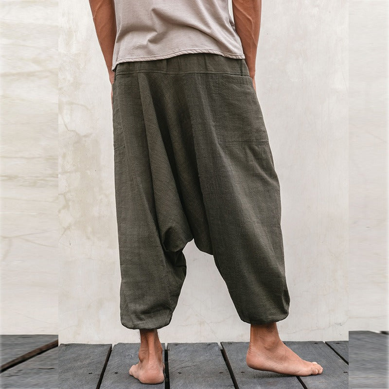 Men's fashionable and casual solid-colored cotton and linen trousers