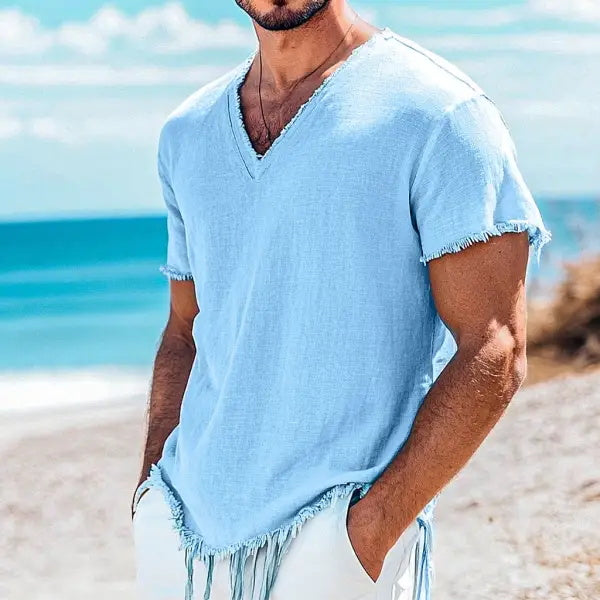Men's Linen V Neck Resort Streetwear T-Shirt