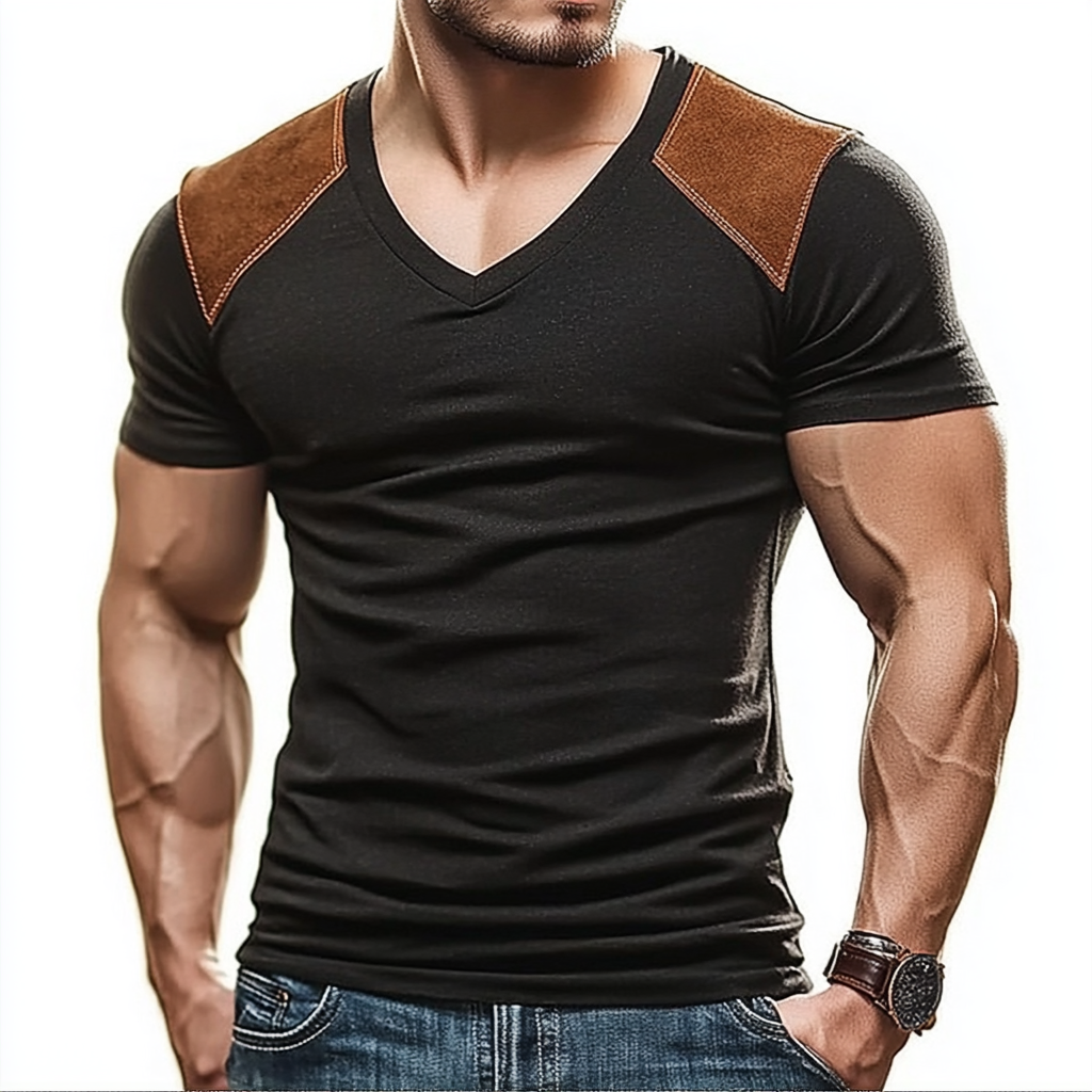 Modisches, lässiges, enges schwarzes Patchwork-Kurzarm-T-Shirt aus Leder für Herren