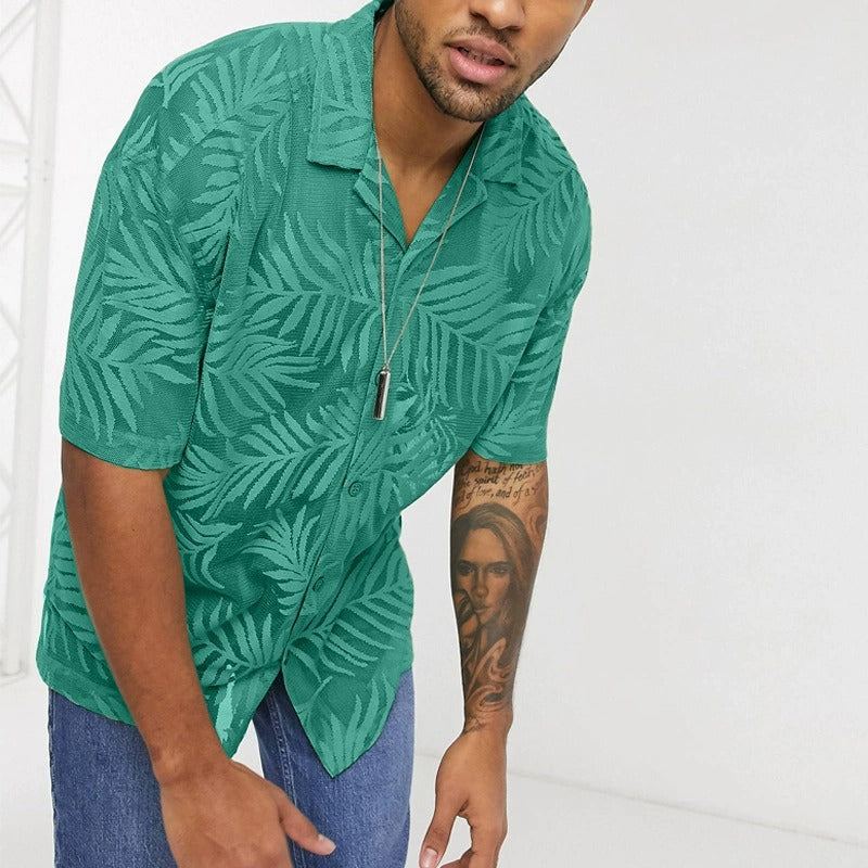 Men's fashionable casual short-sleeved shirt with palm leaf print
