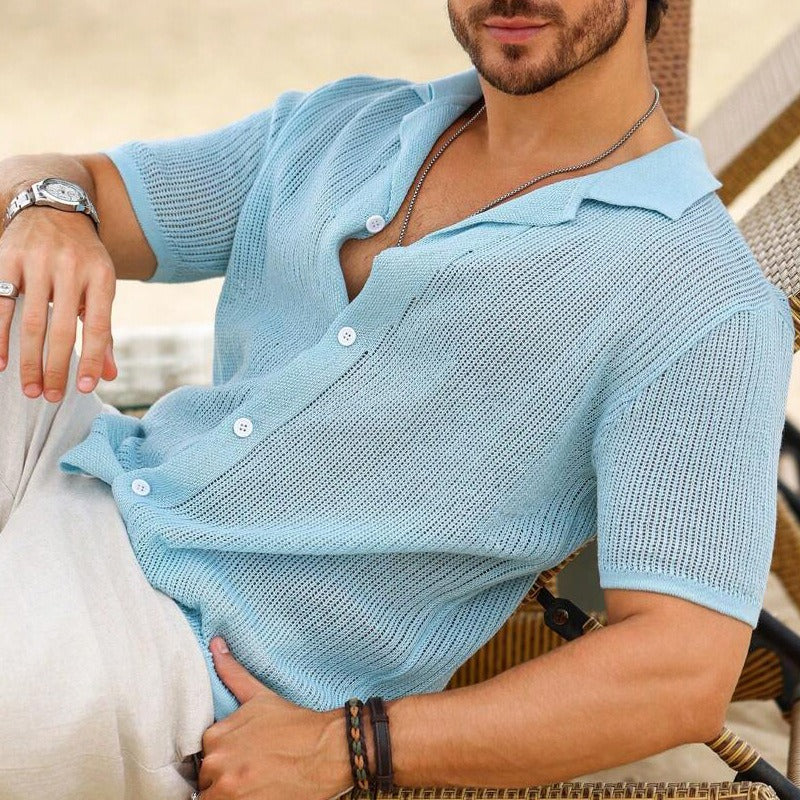 Men's fashionable and casual sky blue short-sleeved shirt