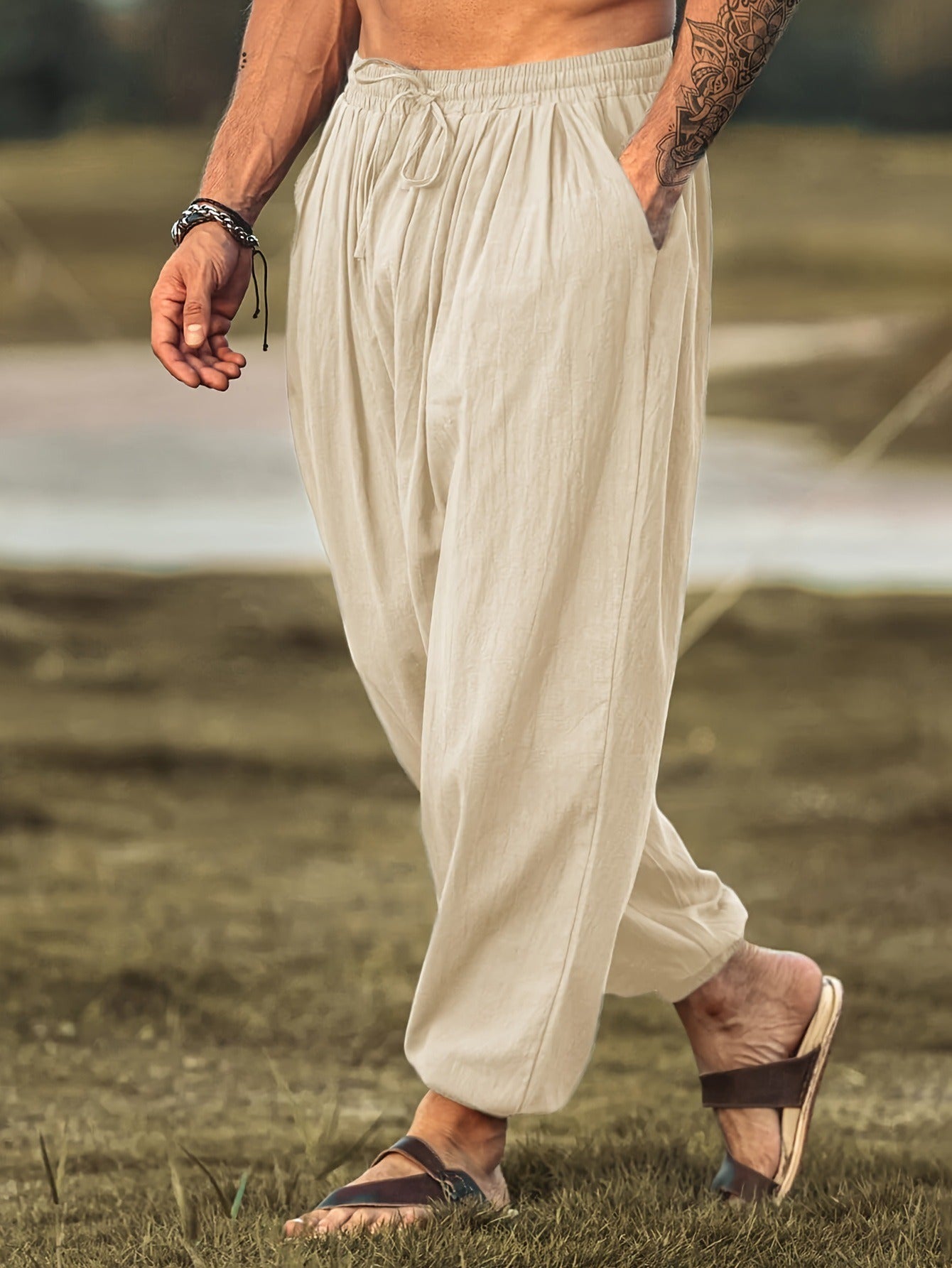 Men's fashionable and casual solid-colored cotton and linen trousers