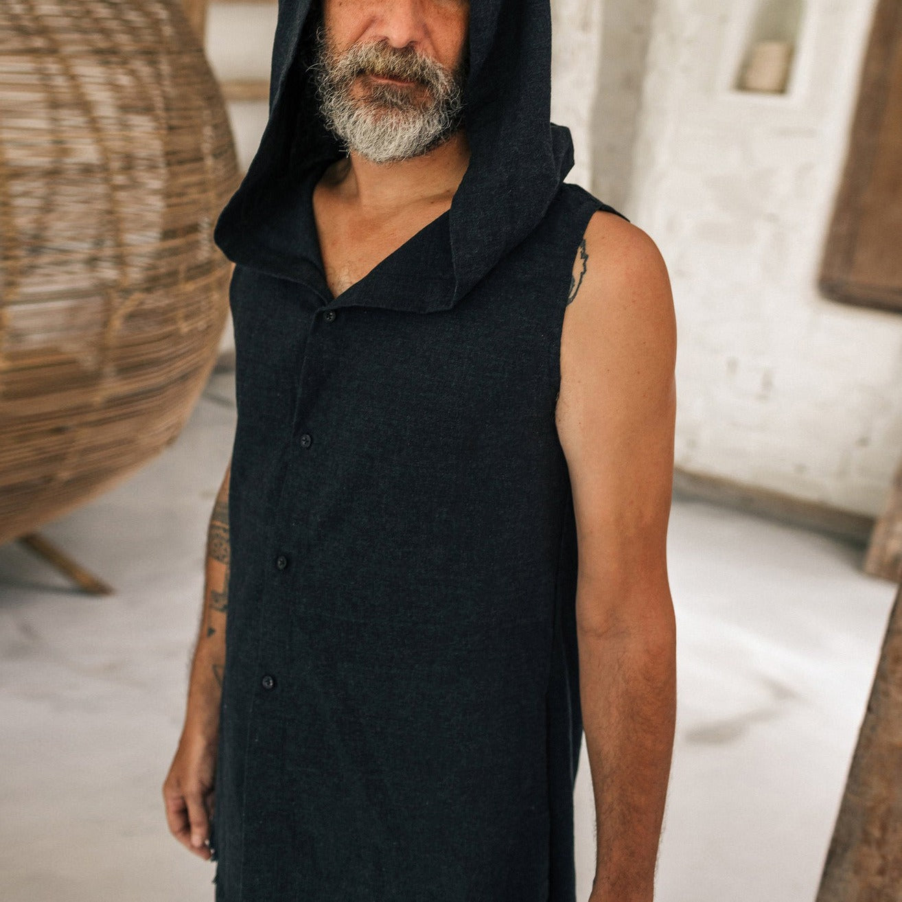 Men's summer sleeveless cotton and linen hooded vest
