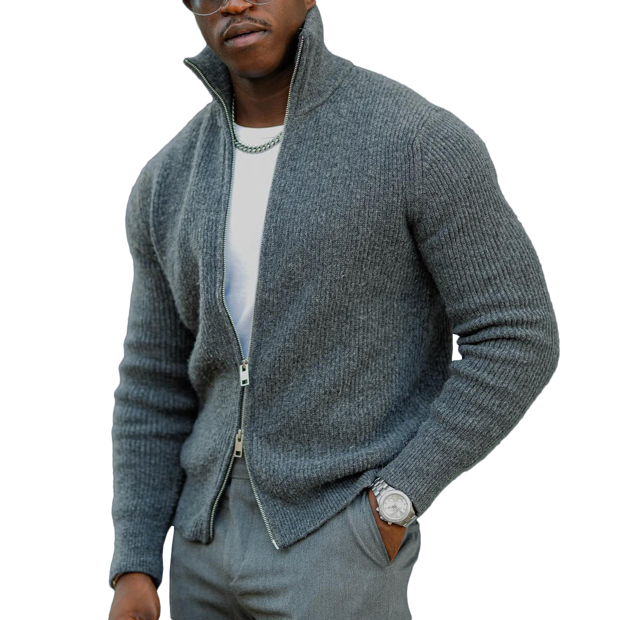 Modische lässige graue Strickjacke mit Reißverschluss für Herren