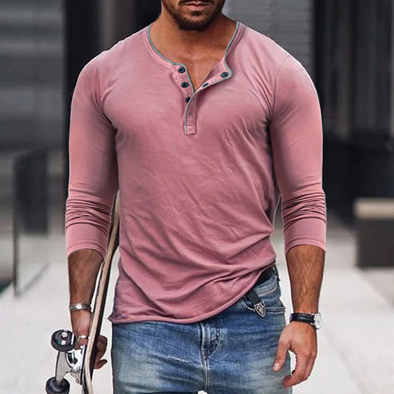 Men's Casual Cotton Blend Henley Neck Slim Fit Long Sleeve T-Shirt