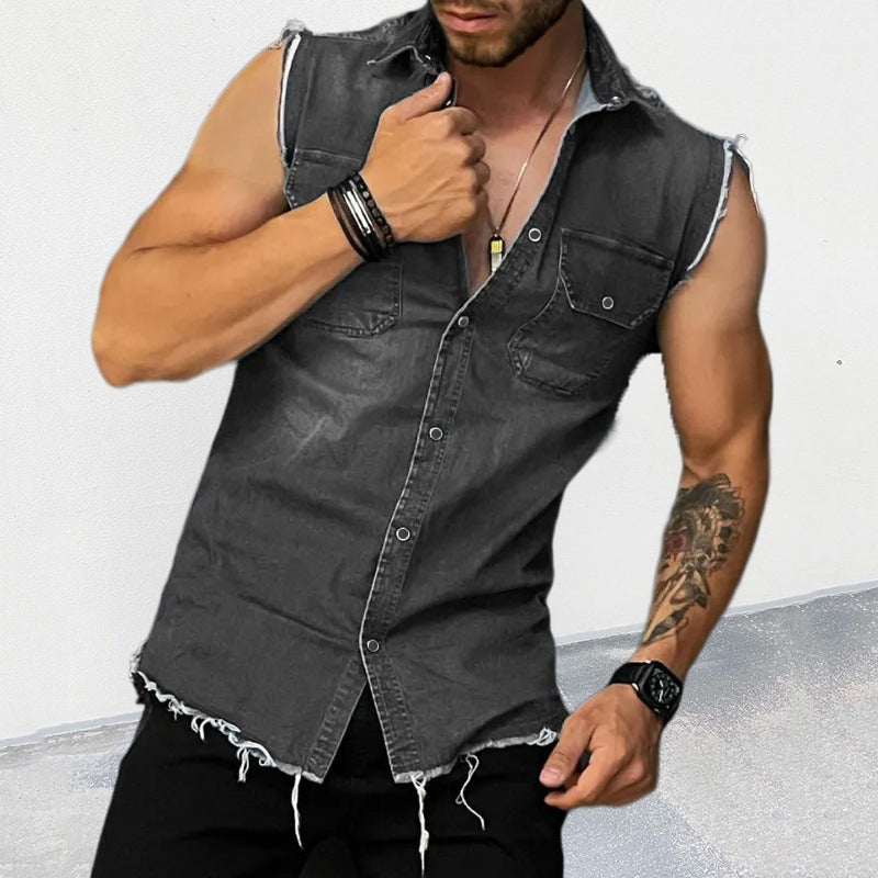 Chemise en jean sans manches à revers vintage pour homme