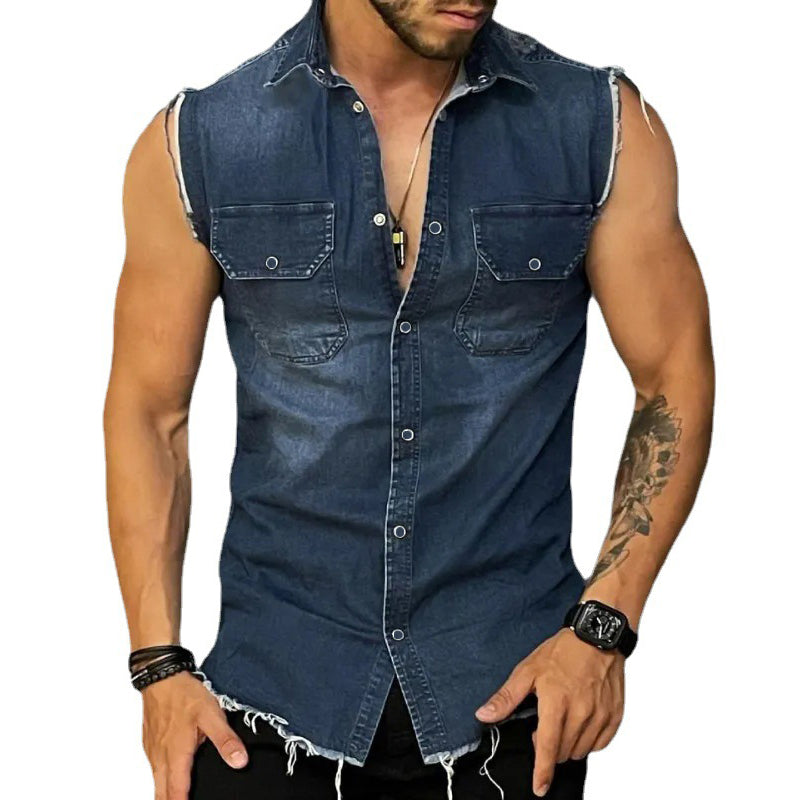 Men's Vintage Lapel Sleeveless Denim Shirt