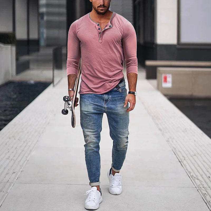 Men's Casual Cotton Blend Henley Neck Slim Fit Long Sleeve T-Shirt
