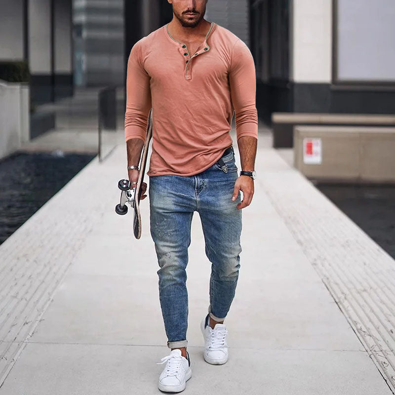 Men's Casual Cotton Blend Henley Neck Slim Fit Long Sleeve T-Shirt
