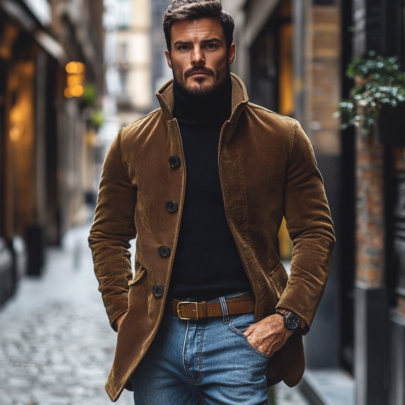 Men's Vintage Corduroy Lapel Single Breasted Slim Short Coat