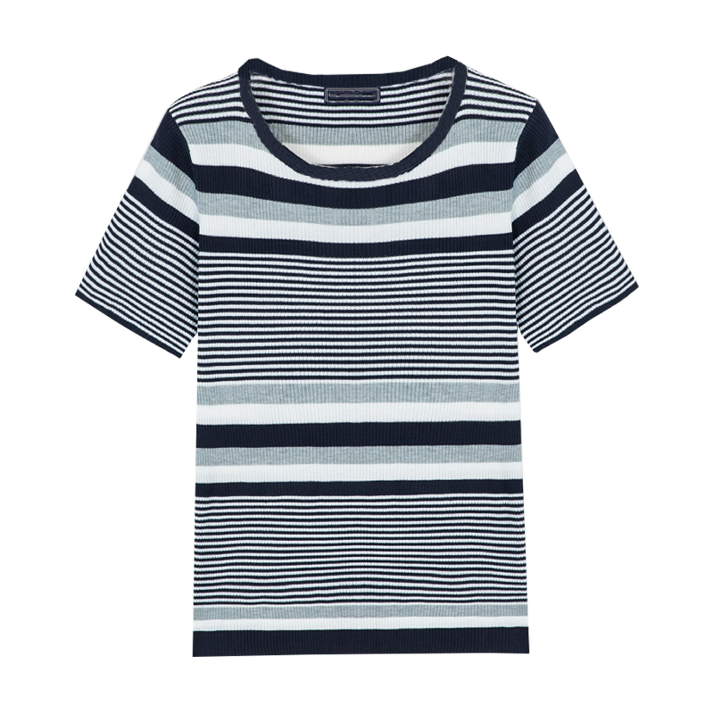 Men's Spring and Summer Casual Horizontal Stripe Knit Short Sleeve T-Shirt ASW1978C7K