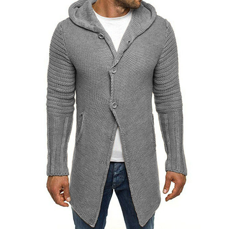 Men's Hooded Long Sleeve Mid Length Knit Cardigan