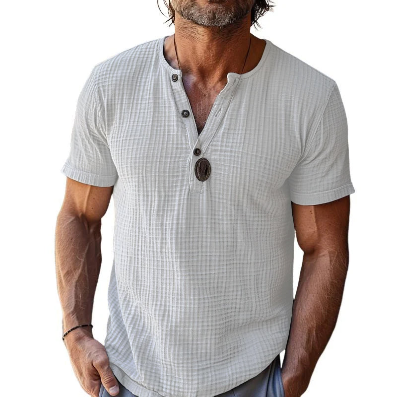 T-shirt décontracté à manches courtes et col Henley gaufré pour homme, coupe ajustée