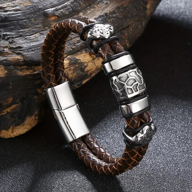(Free Gift Order $129, Add To Car First)New Fashion Double Layer Punk Brown Braided Faux Leather Bracelet, Metal Magnetic Buckle Bracelet