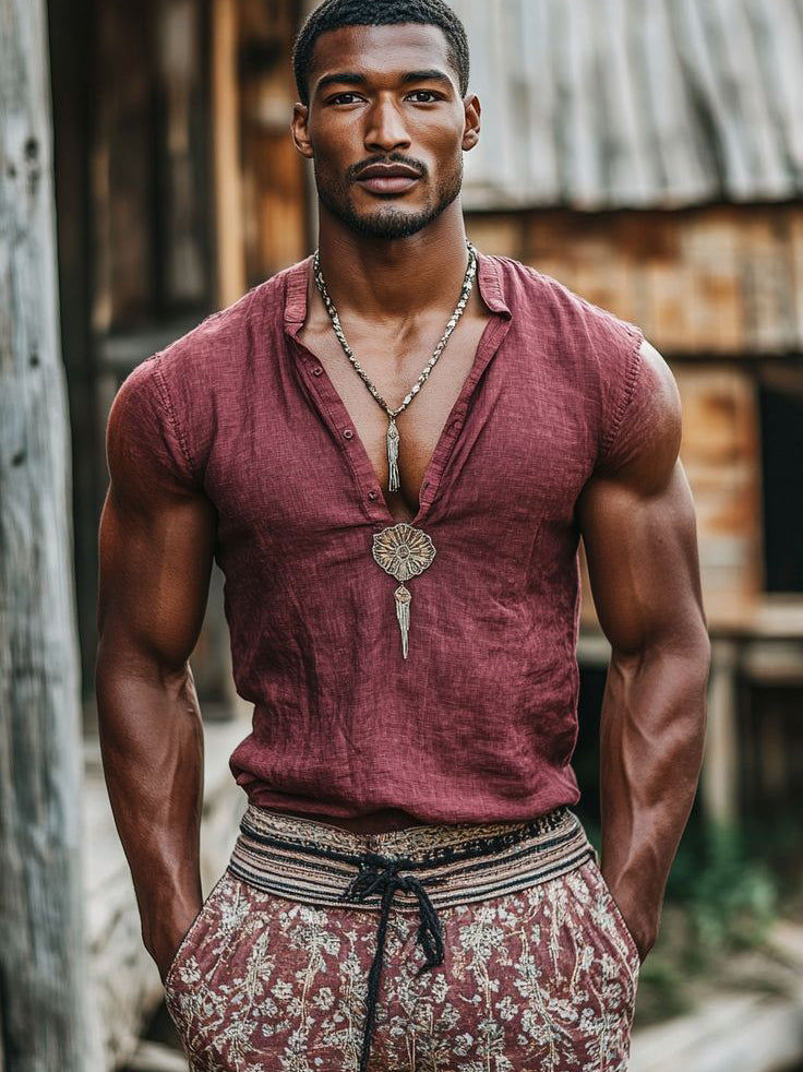 Men's fashionable and casual wine red short-sleeved T-shirt