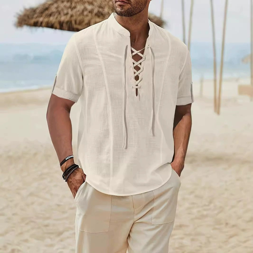 Men's fashionable and casual white drawstring shirt