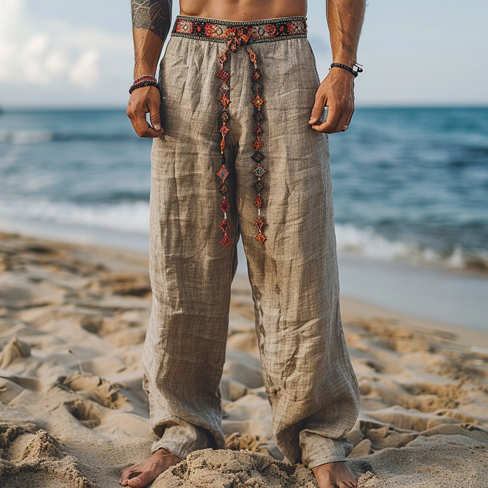 Men's fashionable and casual Bohemian-style cotton and linen trousers