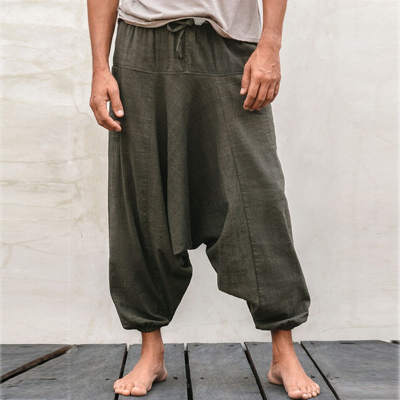 Men's fashionable and casual solid-colored cotton and linen trousers