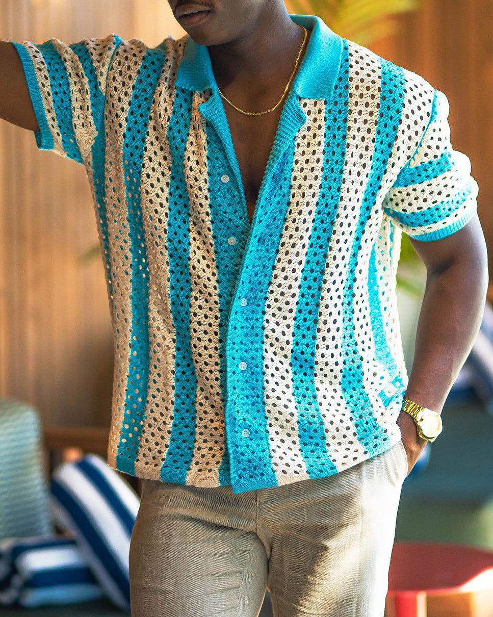 Men's fashionable casual blue striped cutout shirt