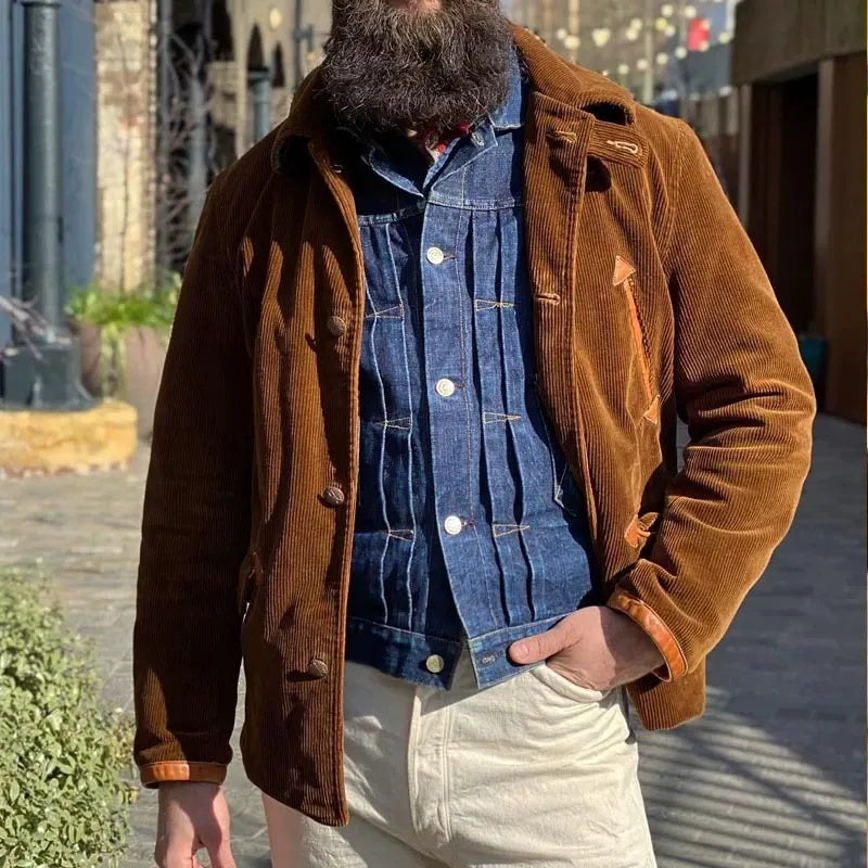 Veste décontractée en velours côtelé marron à la mode pour homme