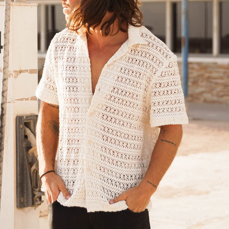 Men's fashionable casual solid-color cutouted short-sleeved shirt