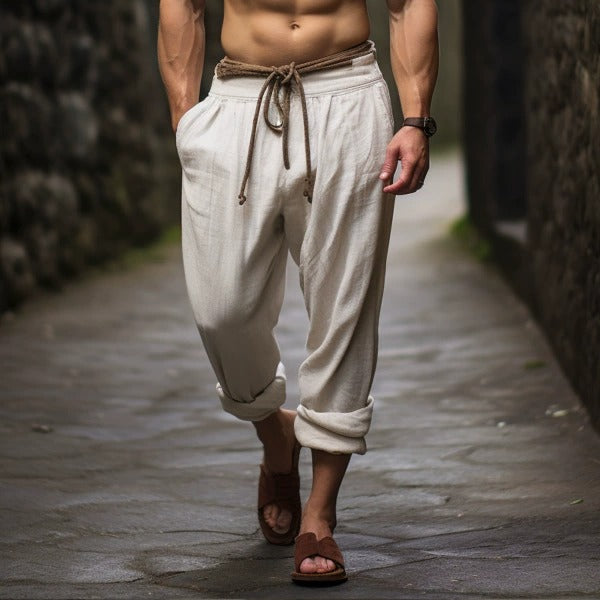 Men's fashionable and casual Bohemian-style cotton and linen trousers