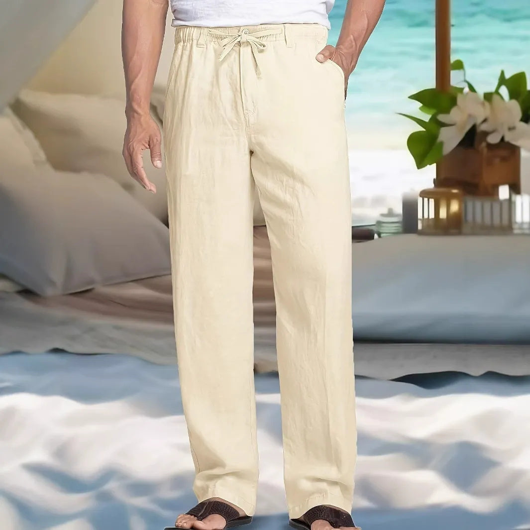 Men's fashionable and casual solid-colored cotton and linen trousers