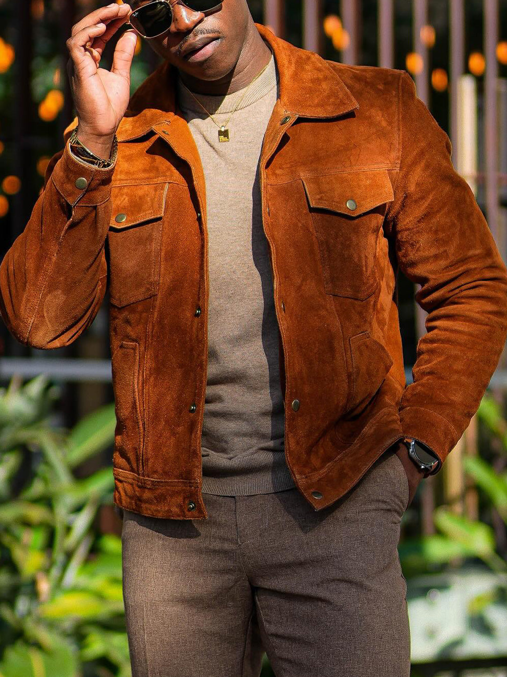 Veste décontractée en daim marron à la mode pour homme