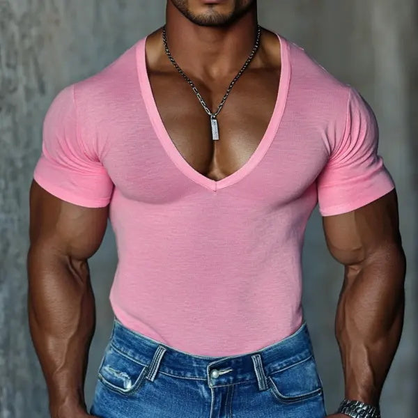 Men's Casual V-neck Super Stretch Comfortable Breathable Short-sleeved T-shirt Casual Fitness Slim T-shirt Daily Versati