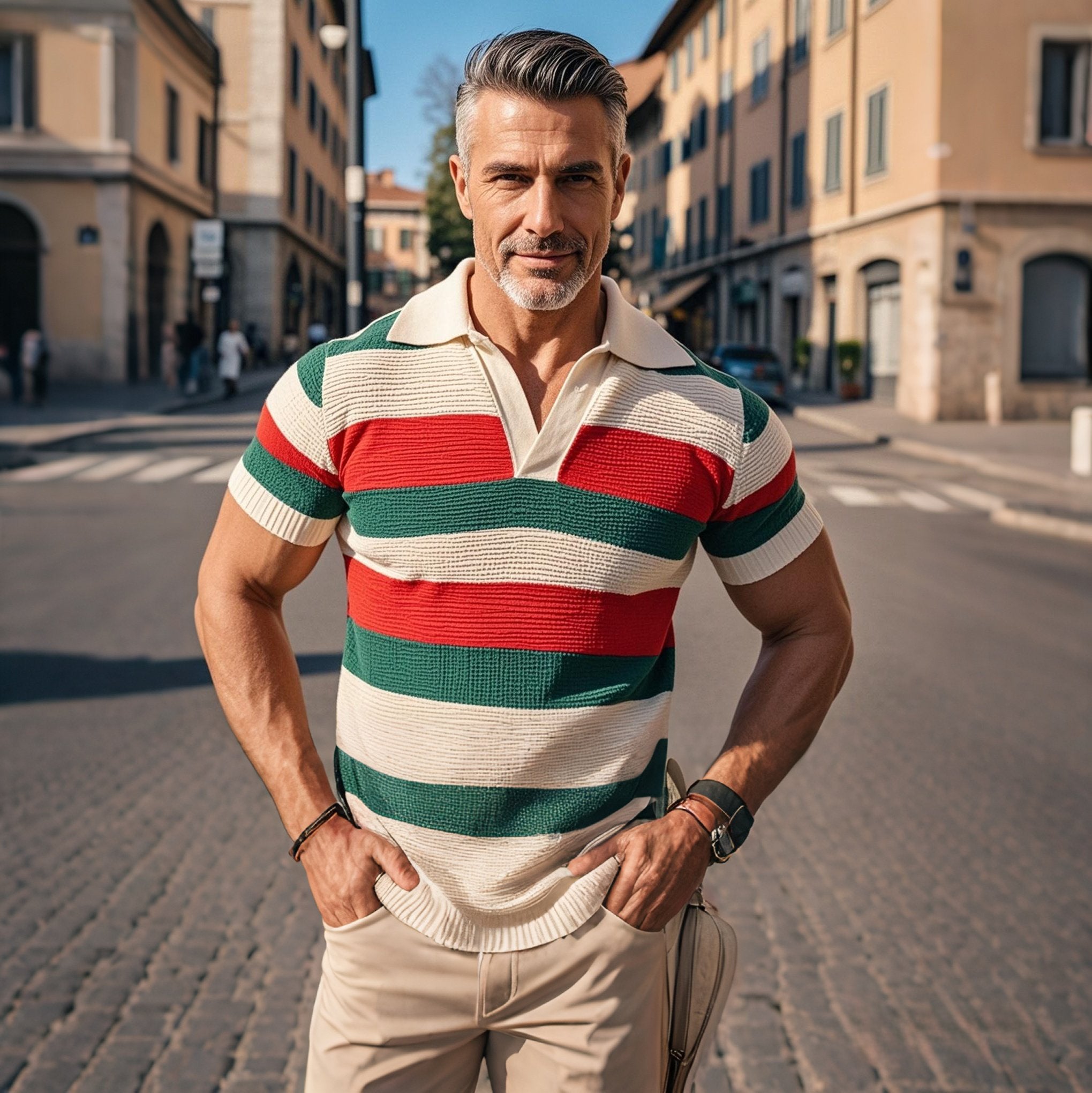 Men's fashionable casual striped color-blocking short-sleeved polo top