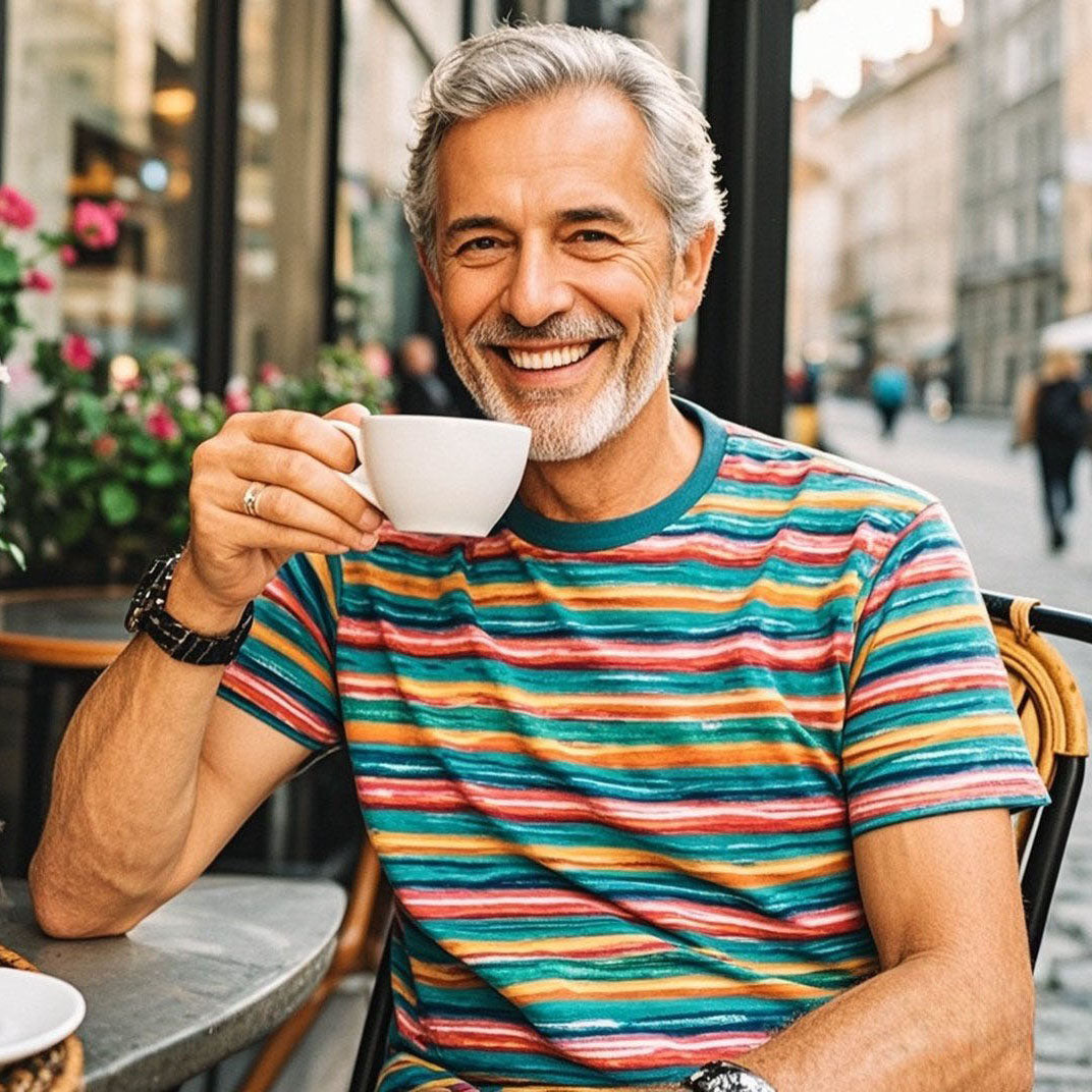 Men's fashionable casual rainbow-colored striped round-neck T-shirt