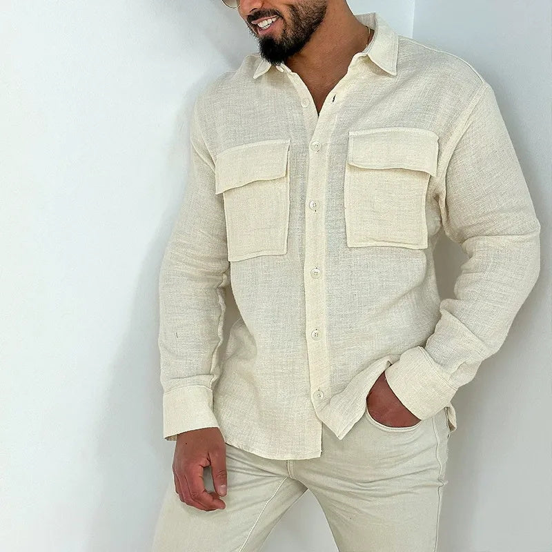 Men's fashionable and casual pocket long-sleeved shirt