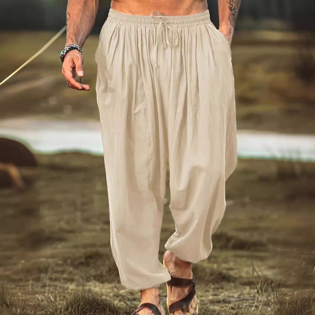Men's fashionable and casual solid-colored cotton and linen trousers