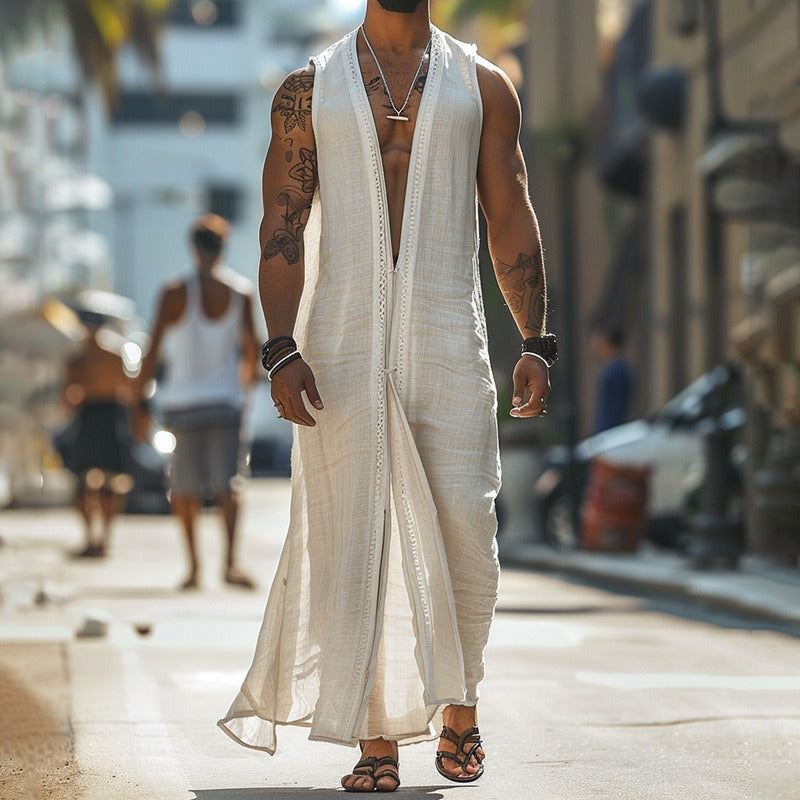 Men's casual sleeveless button-down cardigan long robe
