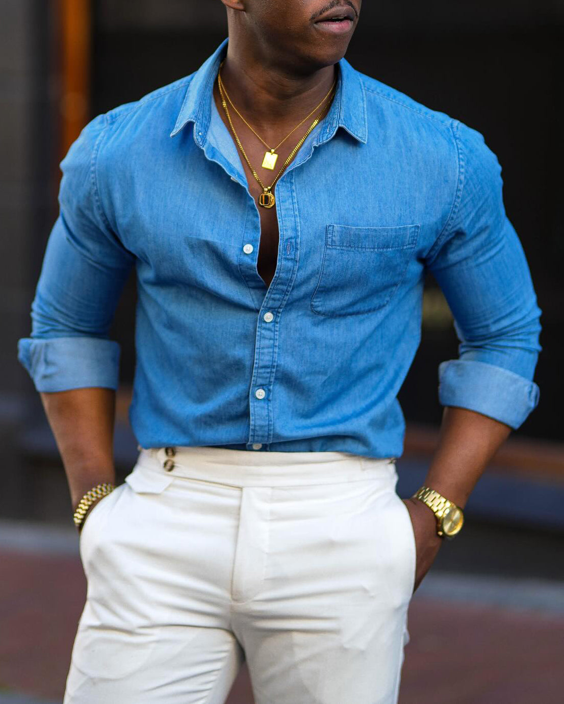 Men's fashionable casual blue denim shirt