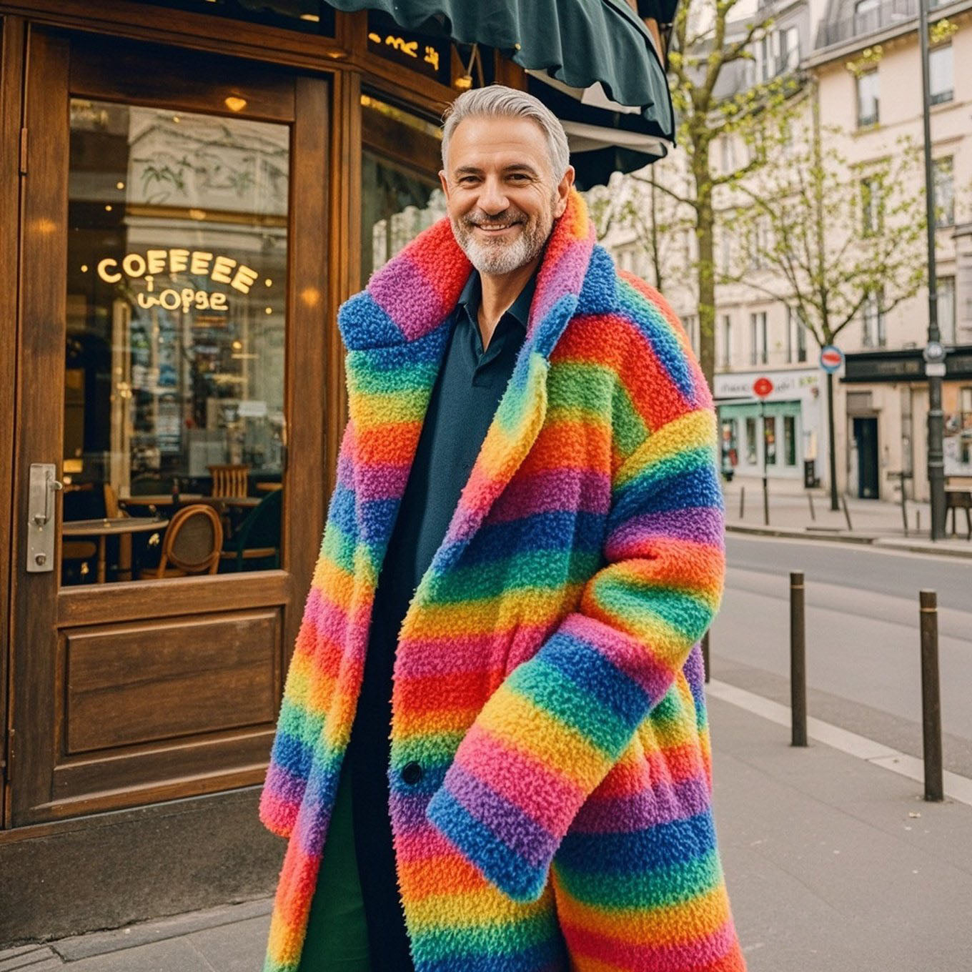 Men's fashionable casual rainbow-colored striped printed coat