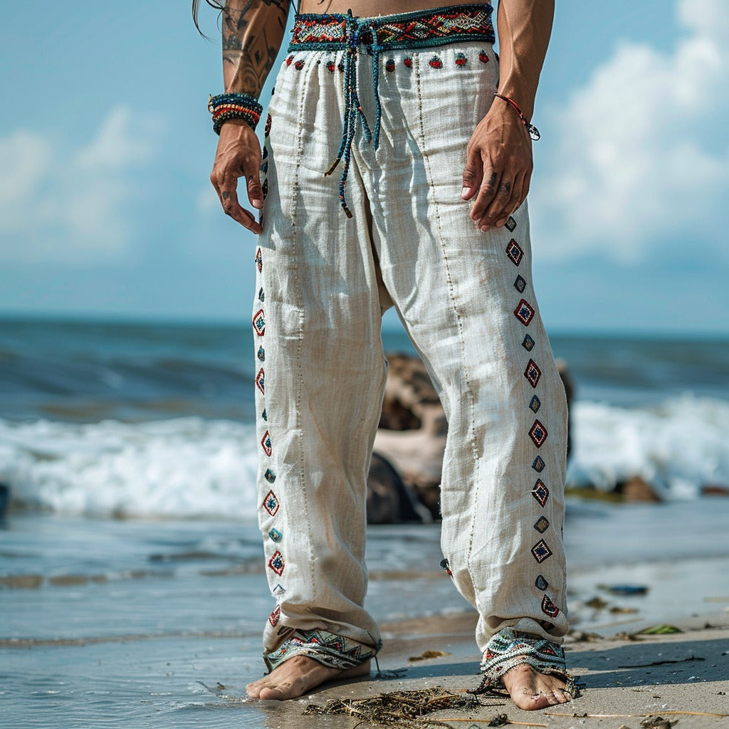 Men's fashionable and casual Bohemian-style cotton and linen trousers