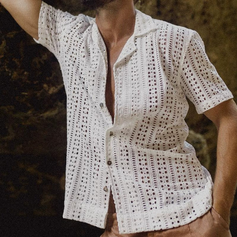Men's fashionable casual solid-color cutouted short-sleeved shirt