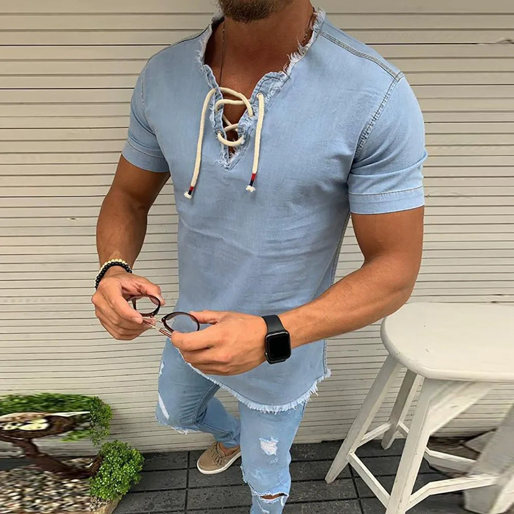 Men's solid-color denim lace-up short-sleeved T-shirt