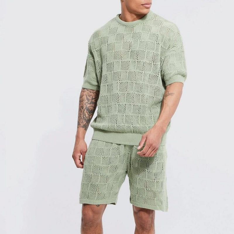 Chemise à manches courtes en jacquard uni décontracté et tendance pour homme
