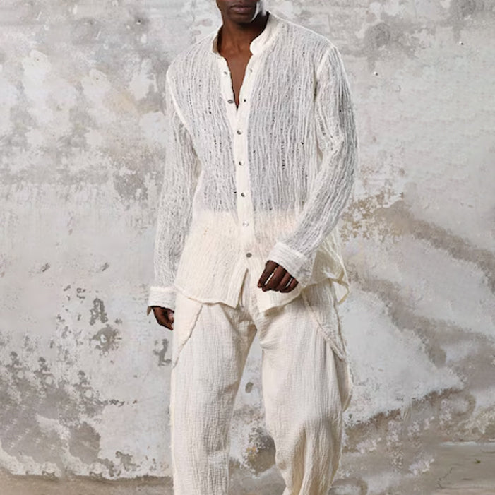 Men's fashionable and casual beige long-sleeved shirt