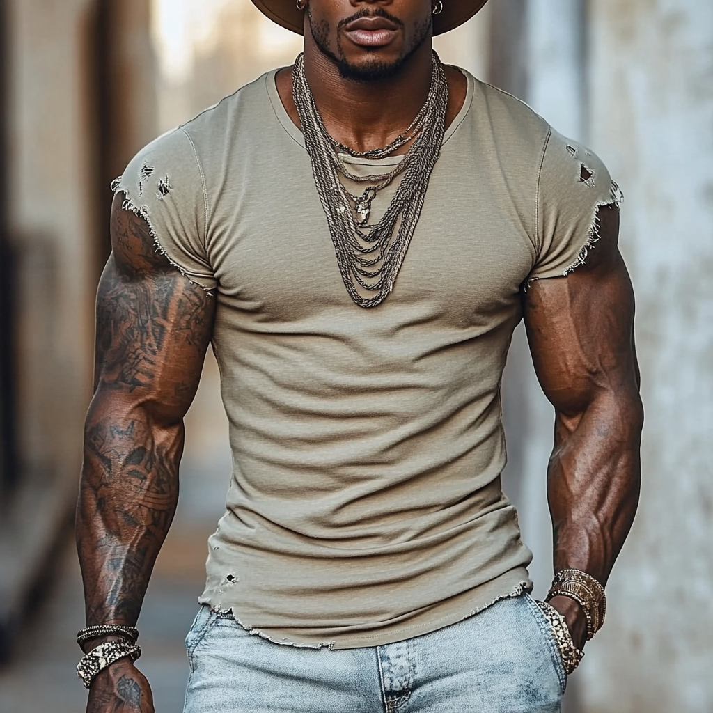 Men's fashionable casual tight khaki short-sleeved T-shirt with holes