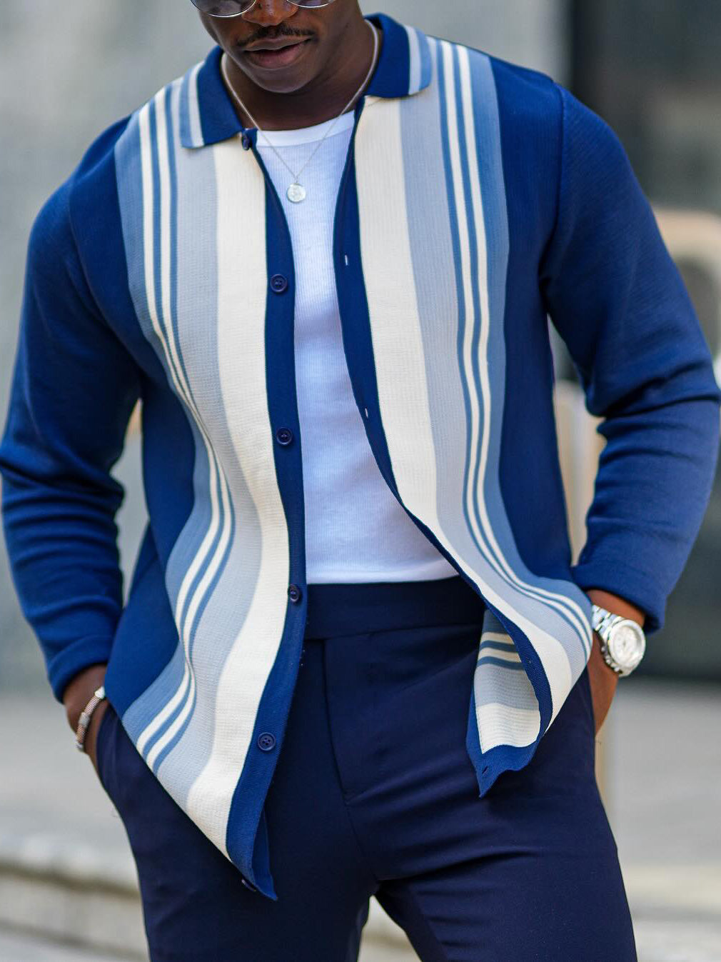 Men's fashionable casual blue striped knitted cardigan