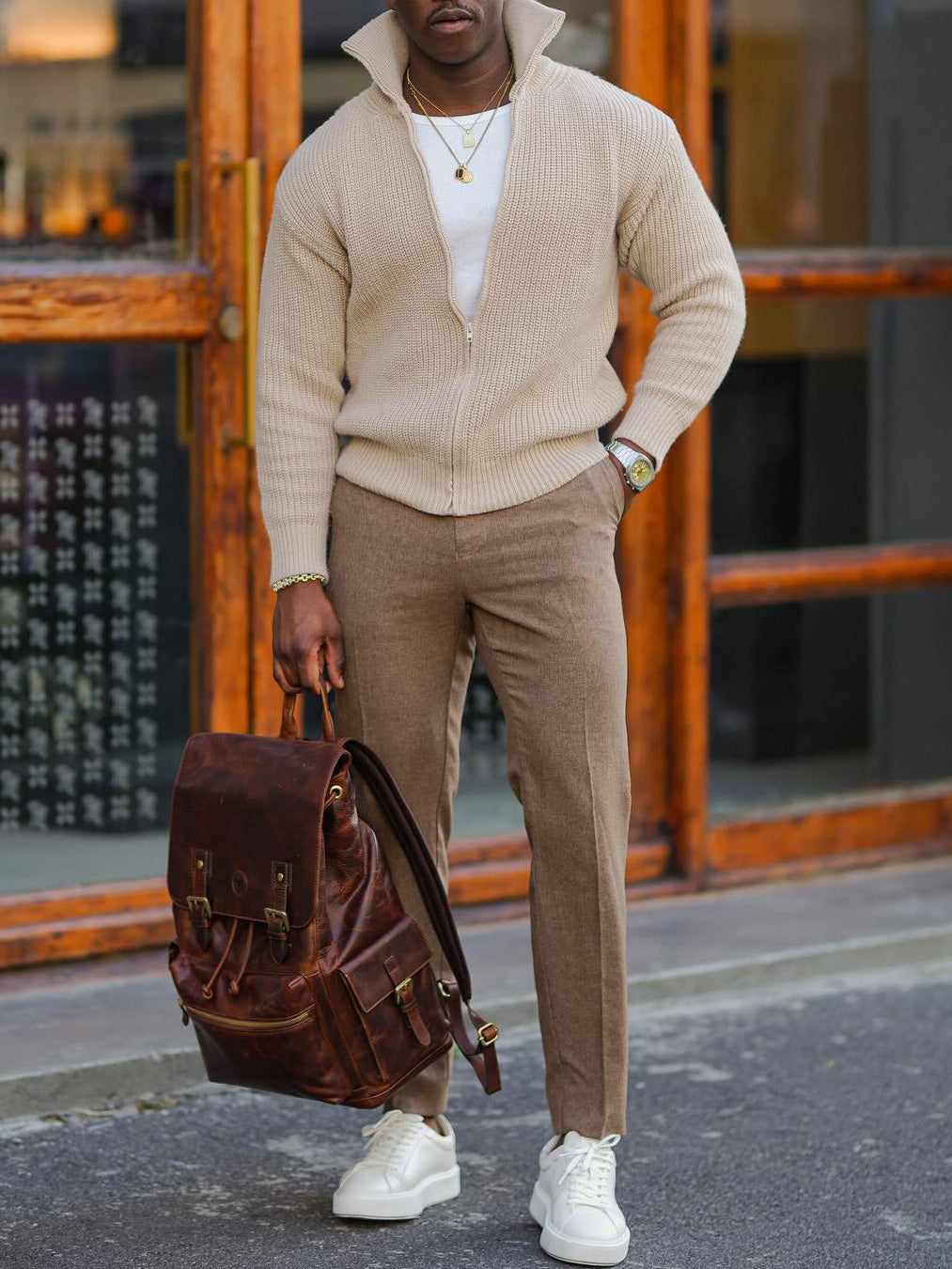 Men's fashionable casual khaki zipper cardigan