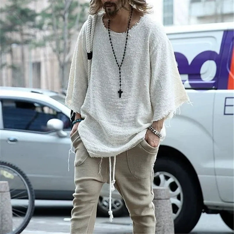 Men's long-sleeved solid-color top and trendy loose T-shirt