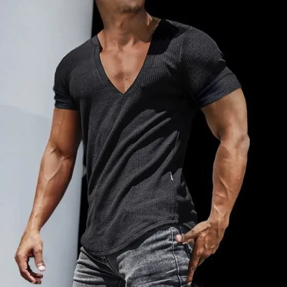 Men's fashionable casual solid-color V-neck T-shirt