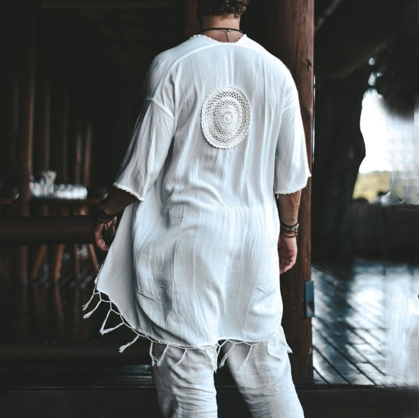 Men's fashionable casual Bohemian-style white fringed robe
