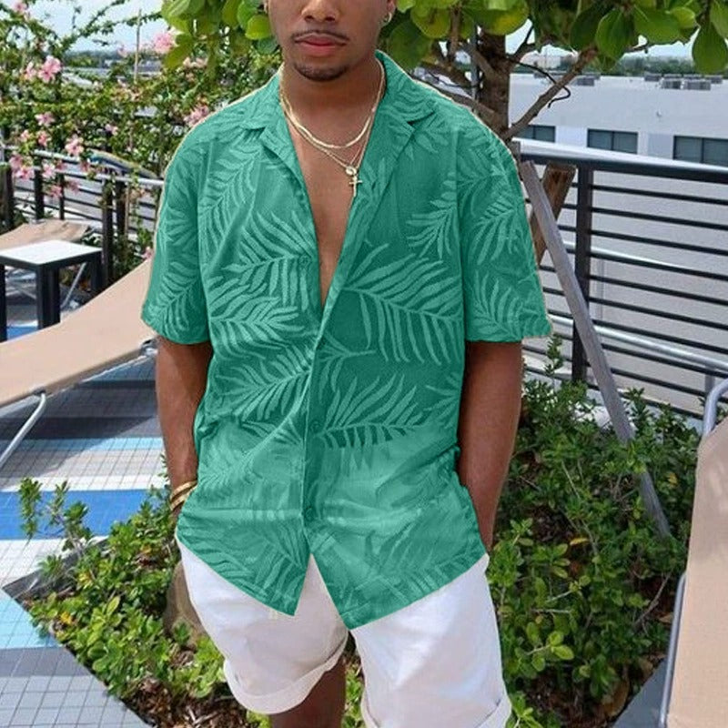 Men's fashionable casual short-sleeved shirt with palm leaf print
